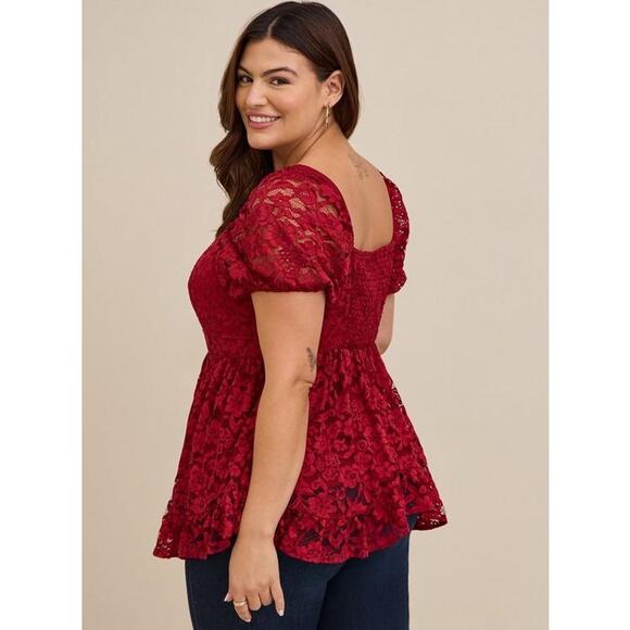 Torrid Women's Dark Red Babydoll Lace Puff Sleeve Top Size 0 L 12 - Picture 3 of 7